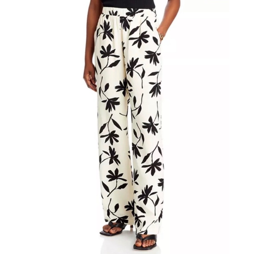 NWT Anine Bing Owen Cream Black Floral Wide Leg Elastic Waist Pants Small